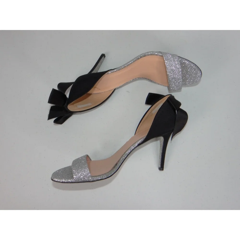 J.Crew Pita Silver Glitter Black Satin Bow Stiletto Heel Sandals K2926 Size 7.5